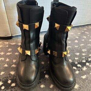 Valentino Garavani Black Leather Boots with Gold Studs